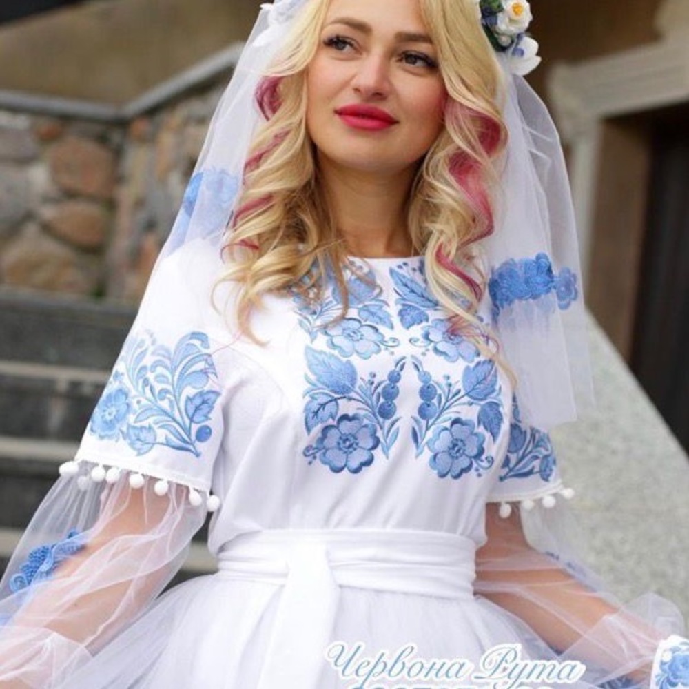 Wedding dress, traditional, Ukrainian style, detailed handmade embroidered.